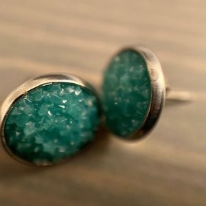 Green sparkly handmade post stud silver-plated earrings, new and never worn